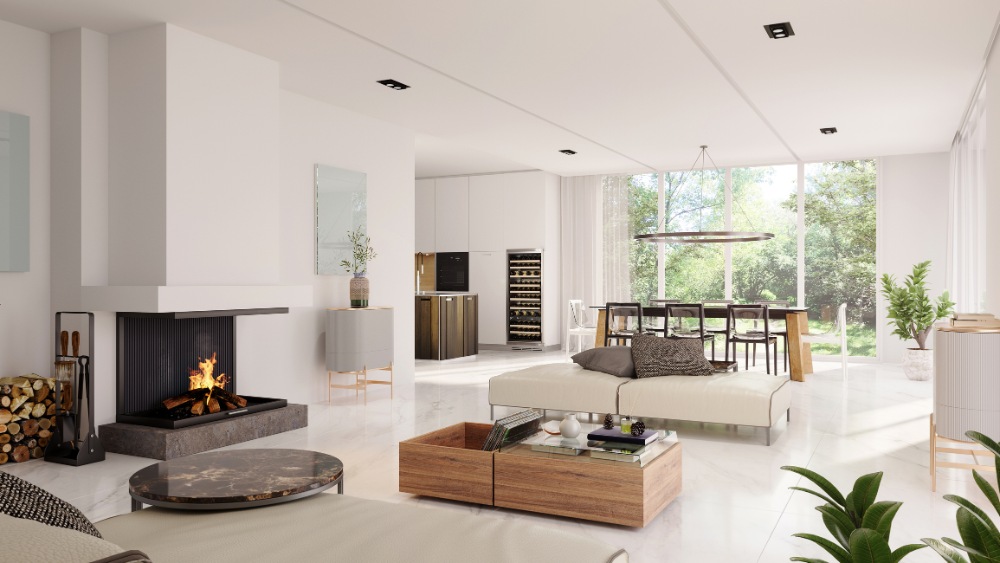 Modern white interior design with fireplace