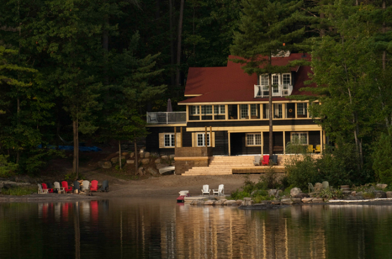 Night view of lake house